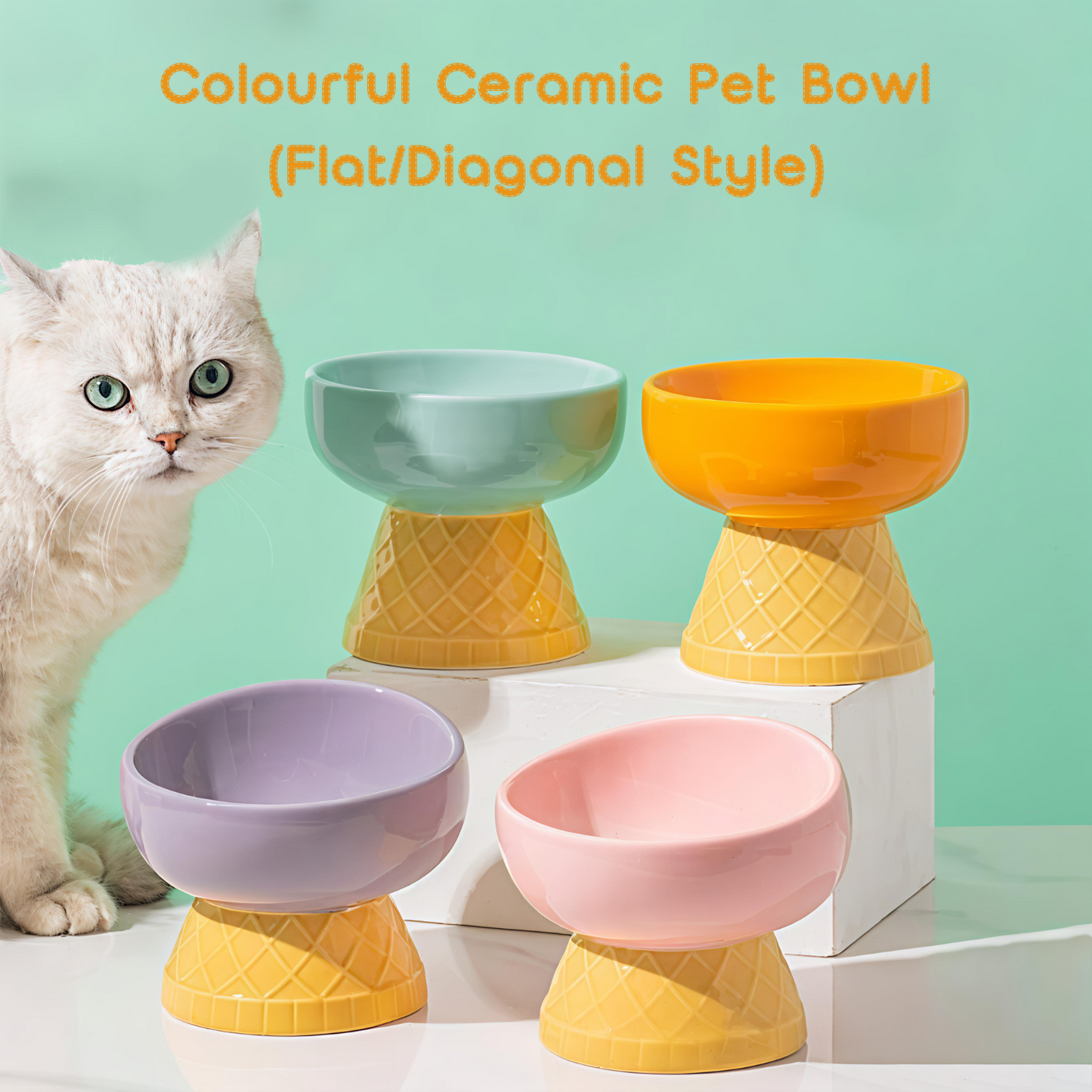 Pet Ceramic Raised Bowls for Cats & Dogs, Stress Free(Flat/Diagonal Style)