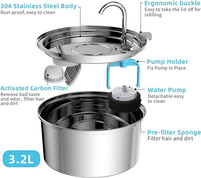 نافورة مياه للقطط، موزع مياه أوتوماتيكي للحيوانات الأليفة من الفولاذ المقاوم للصدأ بسعة 3.2 لتر/108 أونصة 