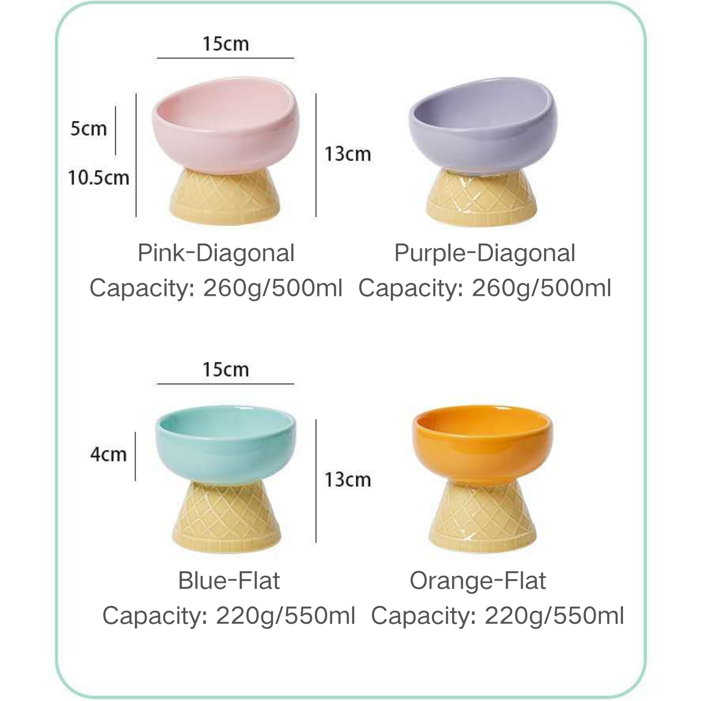 Pet Ceramic Raised Bowls for Cats & Dogs, Stress Free(Flat/Diagonal Style)