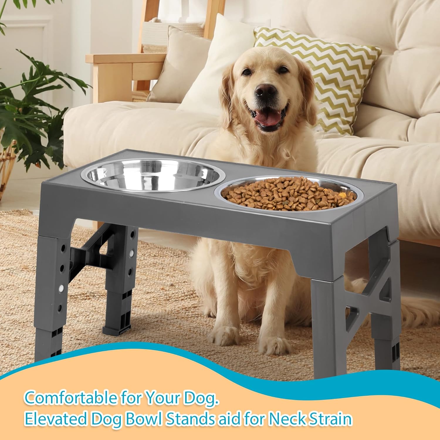 Elevated Dog Bowls with 2 Stainless Steel Dog Food Bowls, Raised Dog Bowl Adjusts to 5 Heights for Small Medium and Large Dogs - lollimeow