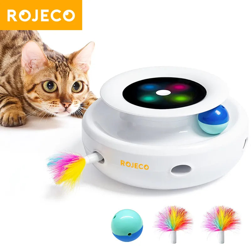 ROJECO 2 in 1 Smart Cat Toys Automatic Feather Fun Ball Toy Set For Cat Dog 5 Modes Electronic Interactive Pet Toy Accessories